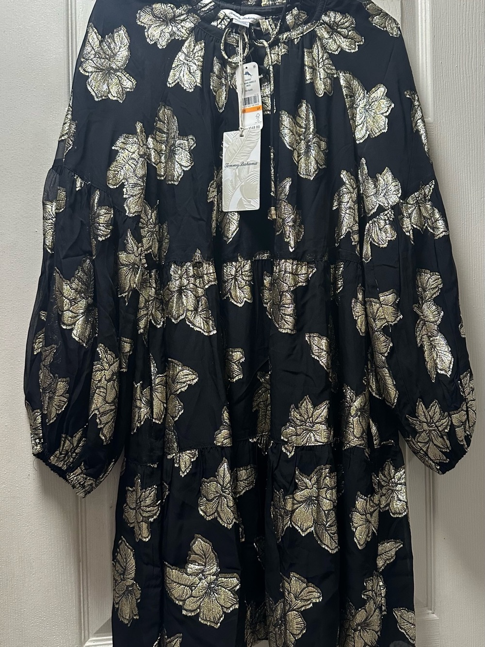 Tommy Bahama Black Top with Metallic Gold Floral Accents